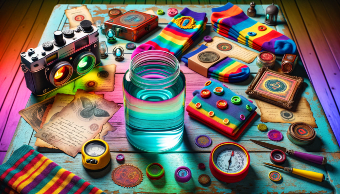 An array of peculiar items for sale displayed on a wooden table, including a clear, straight-sided jar of bath water, assorted ghost hunting equipment in vibrant colors, whimsically patterned socks, and colorful, sealed letters, showcasing a niche market