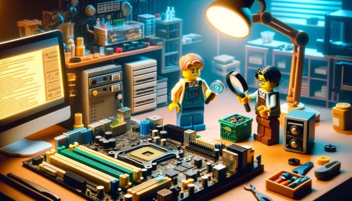 Two Lego minifigures troubleshooting a motherboard in a realistic computer repair workshop setting.