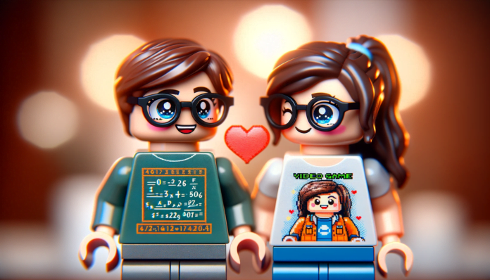 two Lego minifigures with geeky charm, exchanging affectionate glances. One wears glasses and a math formula t-shirt, while the other sports a video game tee and ponytail. Their cute, loving expressions against a blurred background highlight a whimsical, affectionate bond