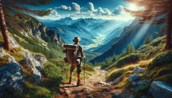 A detailed image of a hiker standing on a mountain trail. The hiker is dressed in outdoor gear, including a backpack, hiking boots, and a hat to prote